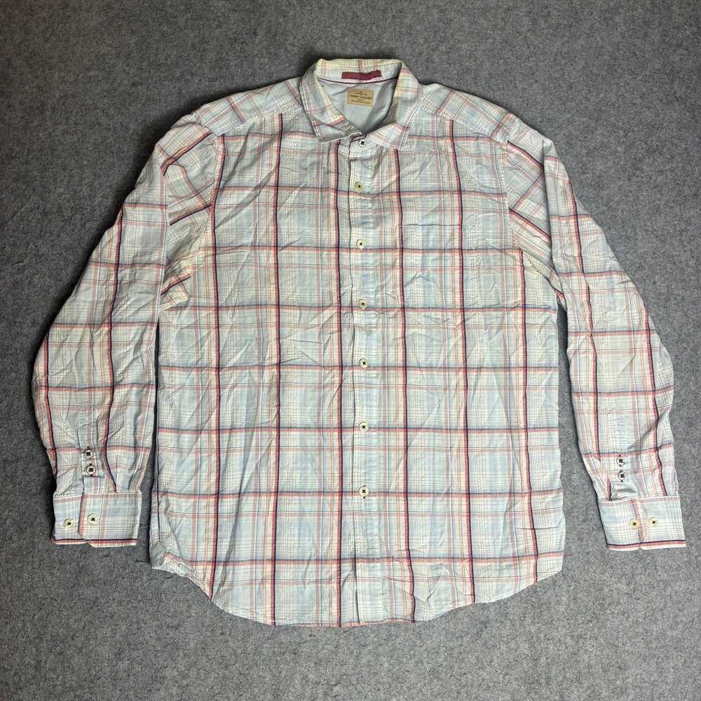 Tommy Bahama Shirt Mens L Blue Coral Plaid Cotton Long Sleeve Button Up Good